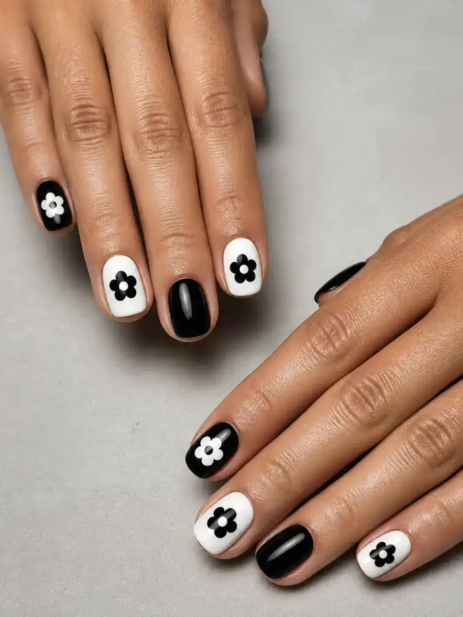 Mod Flower Nails: black and white, alternating nails, mod flower