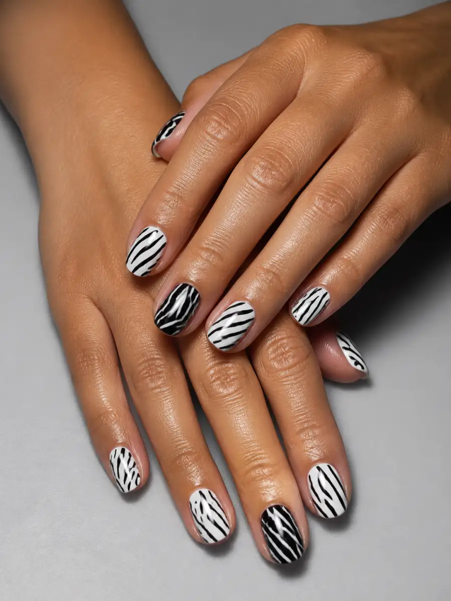 Zebra Micro Tips: black and white, alternating nails, zebra micro tips