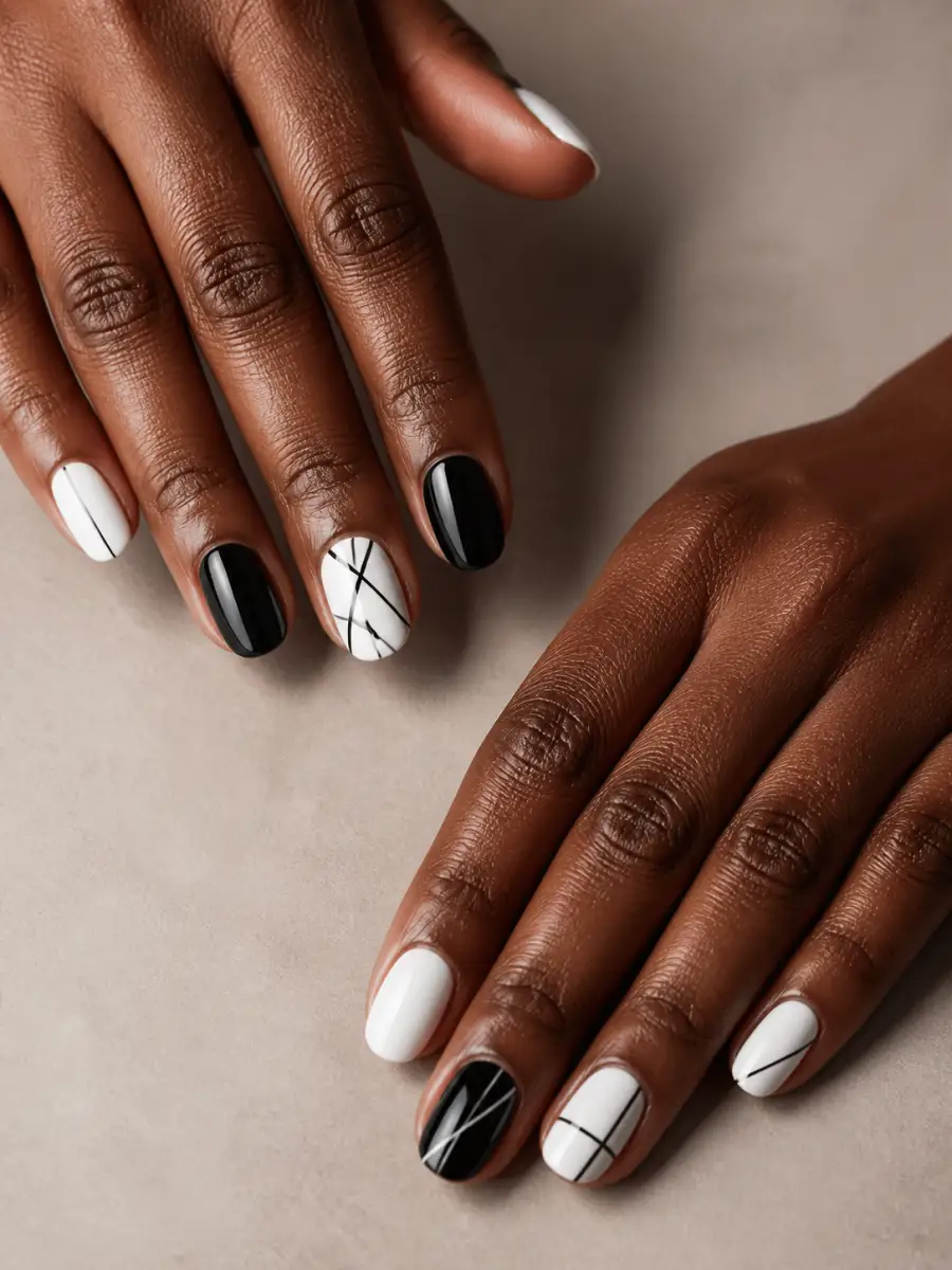 Graphic Mix and Match Nails: black and white, alternating nails, graphic mix and match