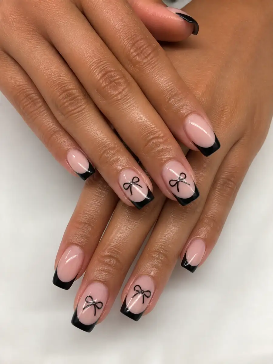 Black Bow French Nails: pink base, painted bow accent, black bow french