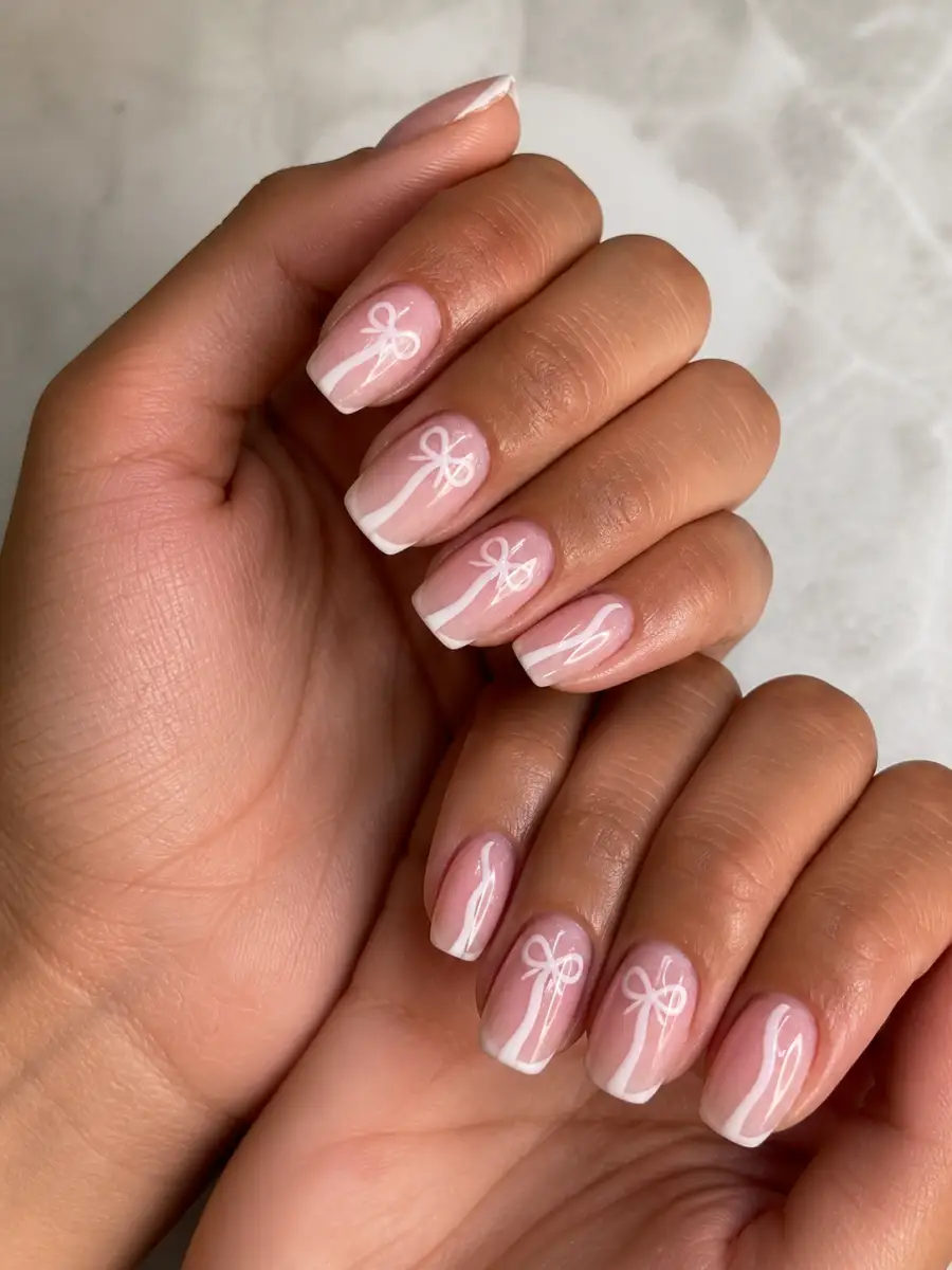 White Ribbon Nails: pink base, painted bow accent, white ribbon