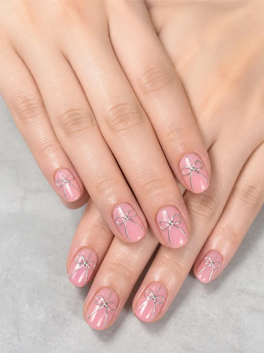 Chrome Bow Accent Nails: pink base, painted bow accent, chrome bow accent