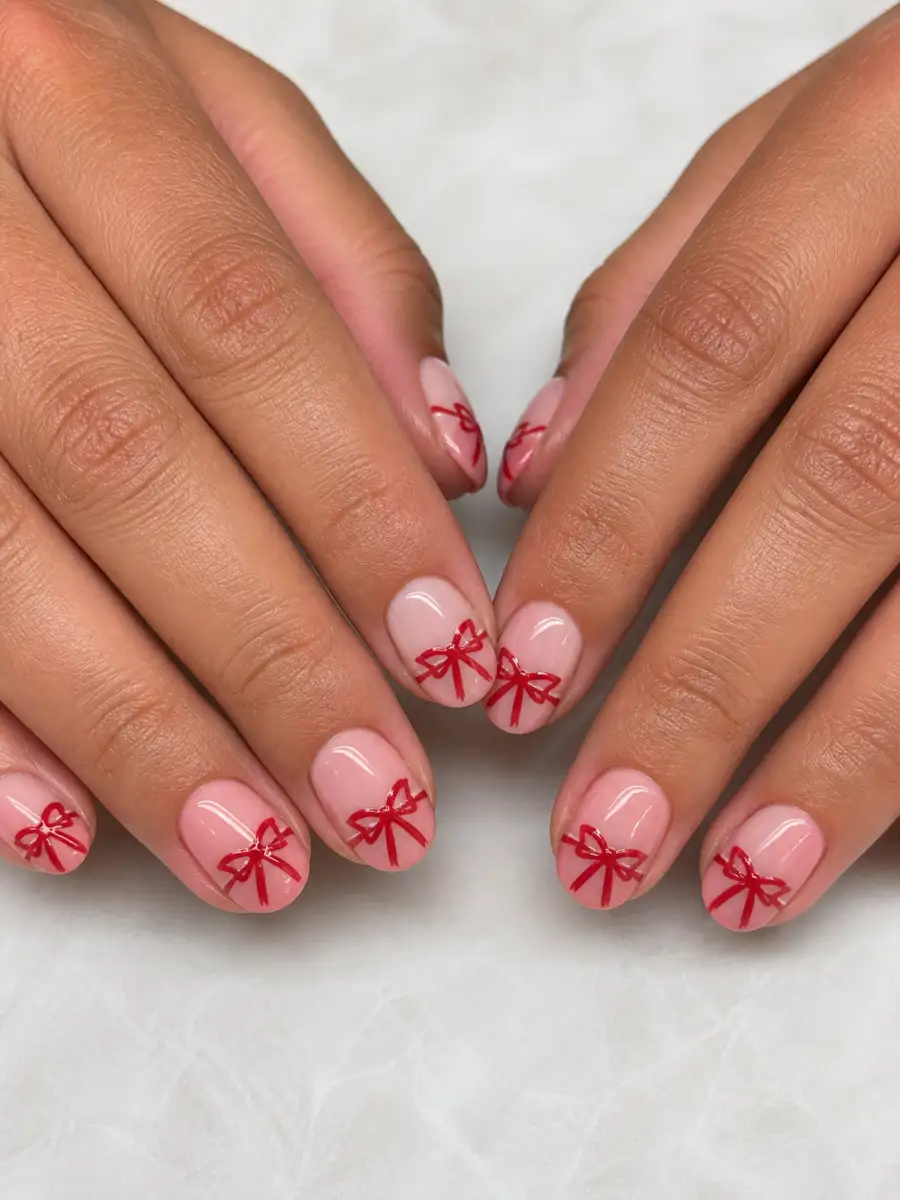 Red Bow Nails: pink base, painted bow accent, red bow
