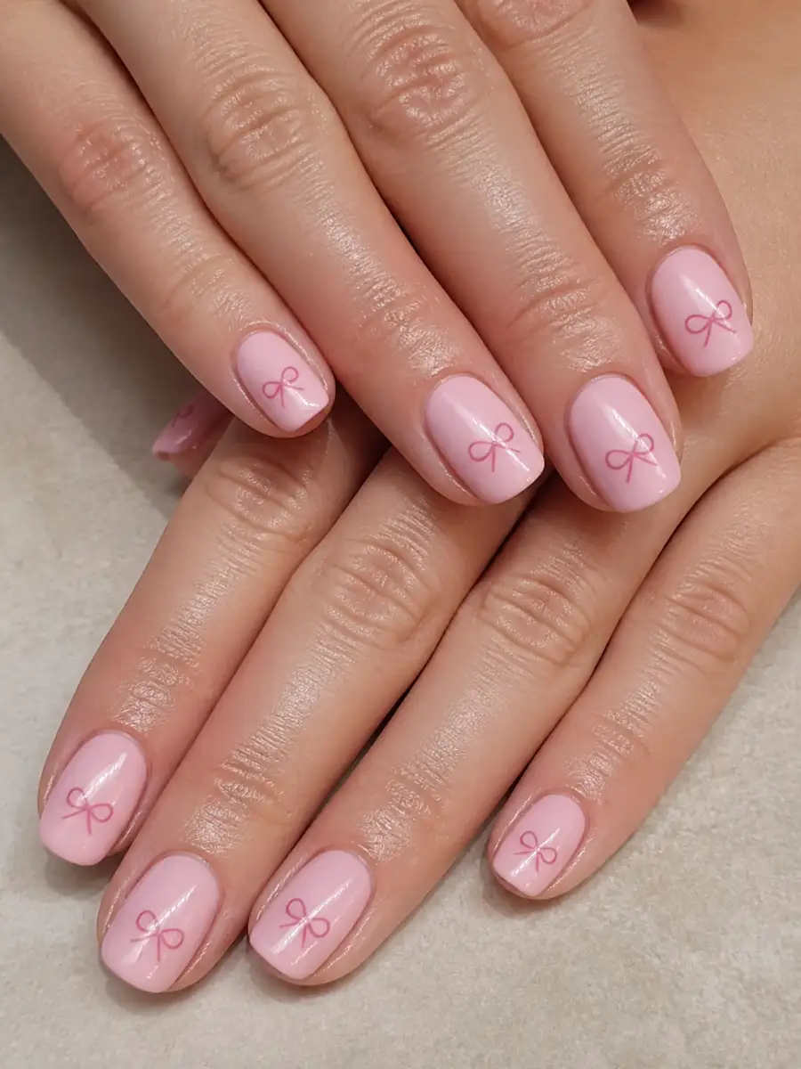 Tiny Painted Bow Nails: pink base, painted bow accent, tiny painted bow