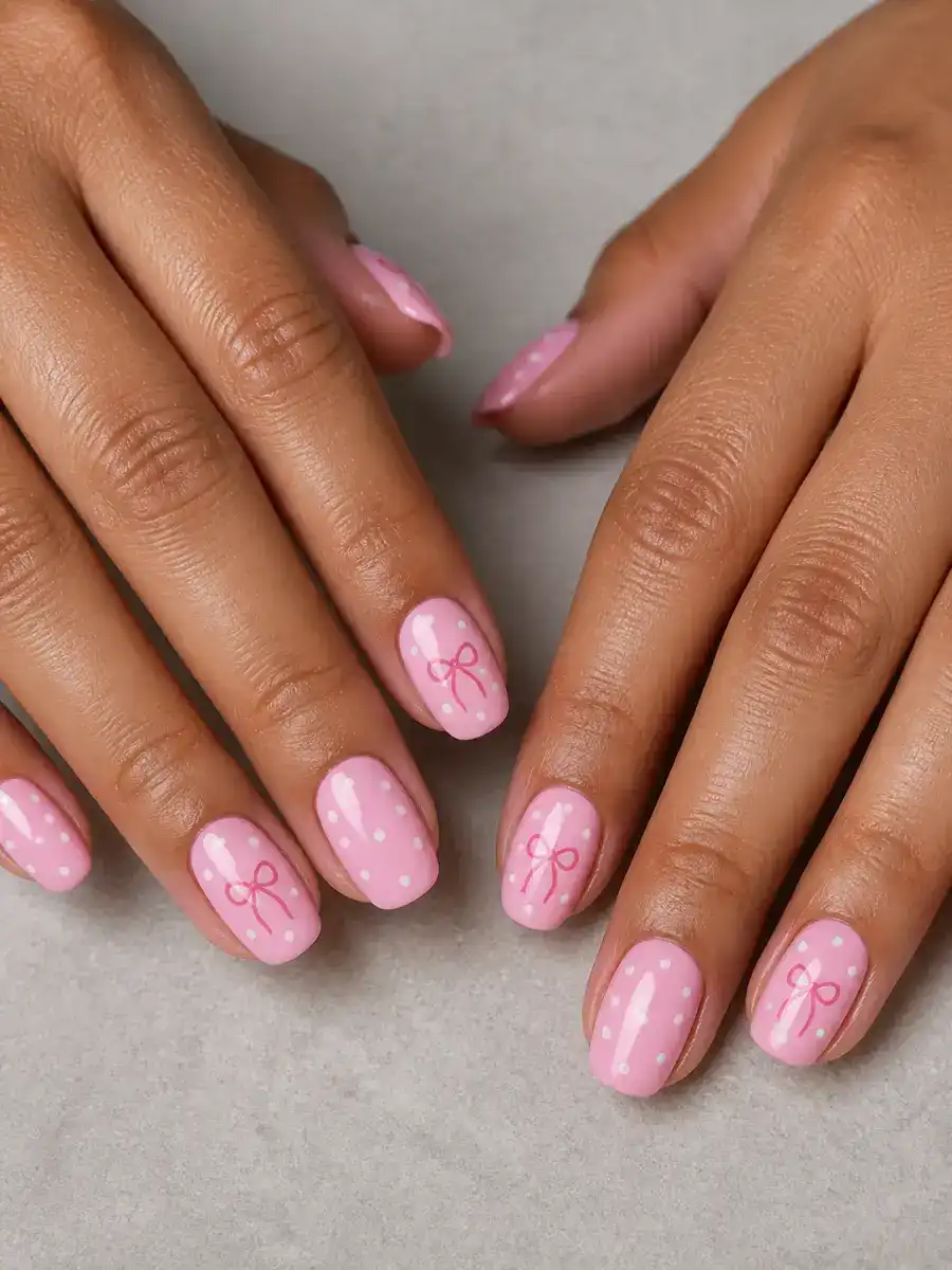 Bow Polka Dot Nails: pink base, painted bow accent, bow polka dot