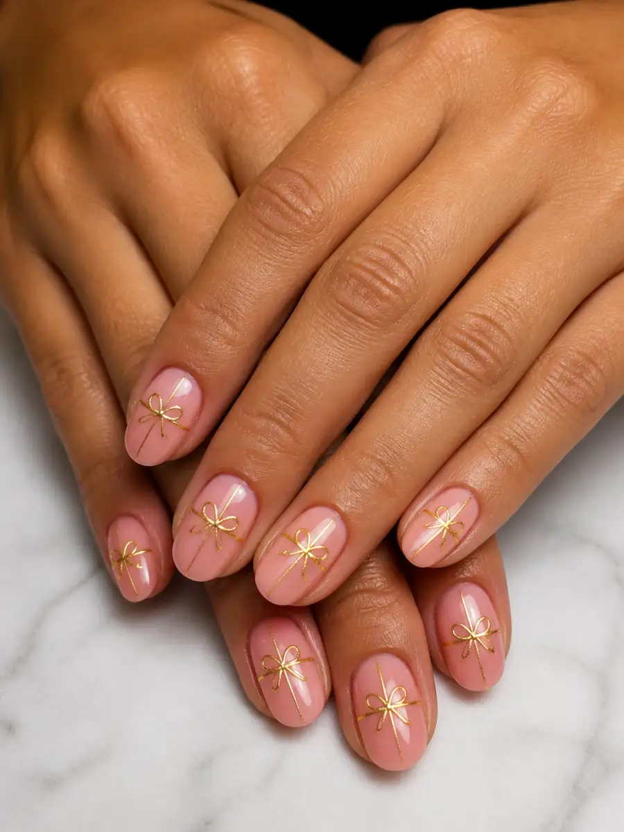 Gold Ribbon Nails: pink base, painted bow accent, gold ribbon