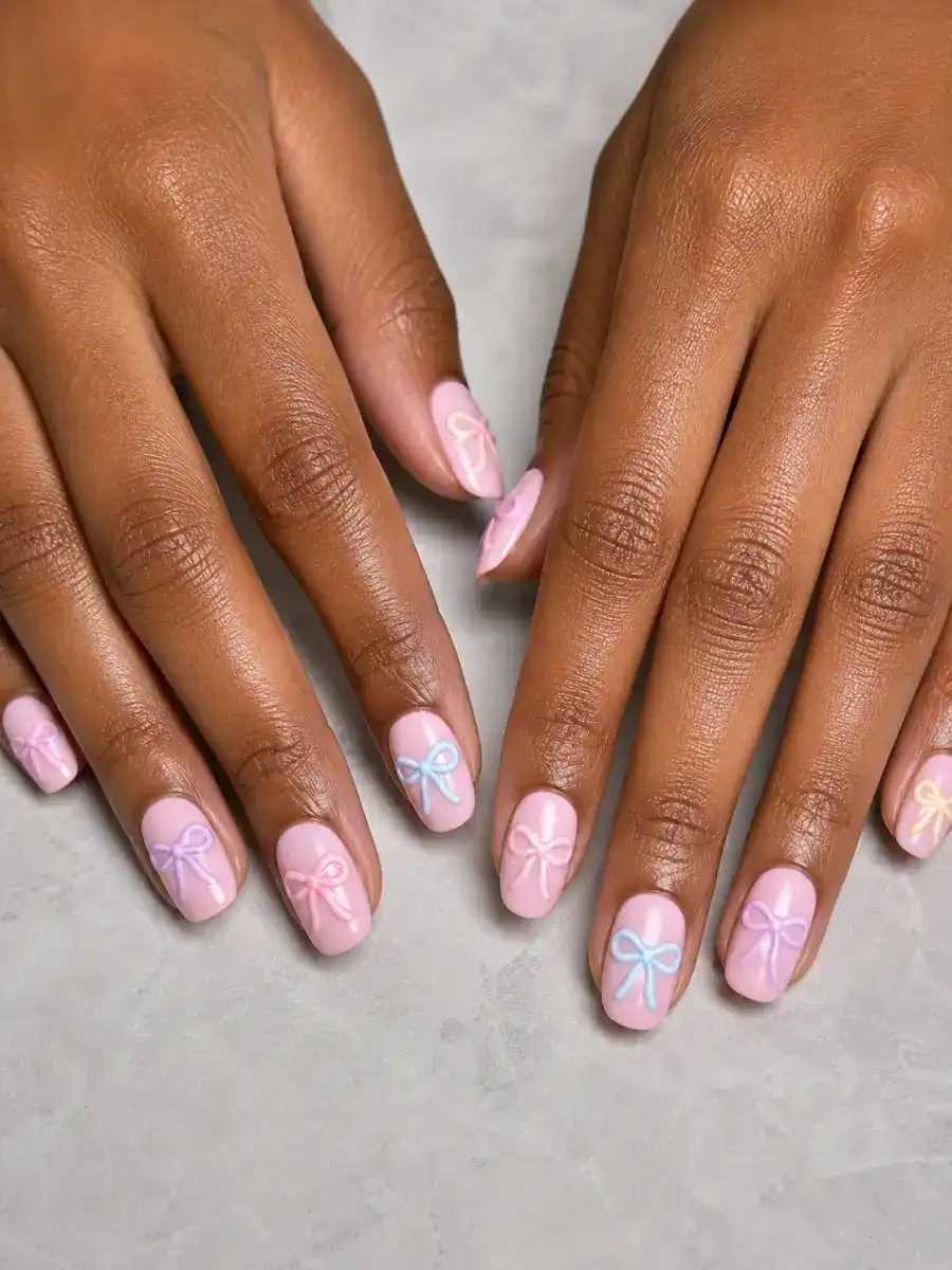 Pastel Bow Mix Nails: pink base, painted bow accent, pastel bow mix