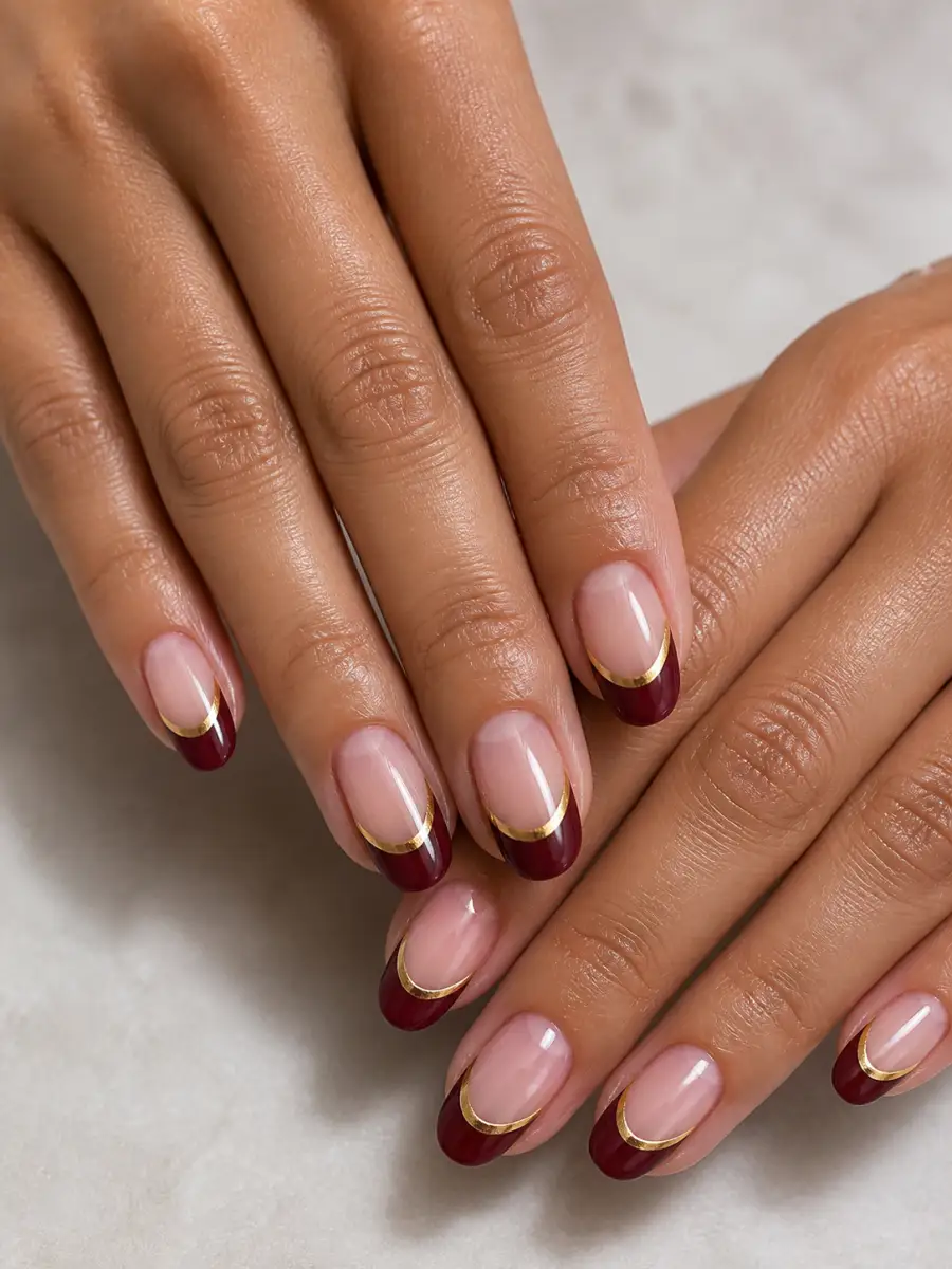 Burgundy Gold French Nails: burgundy, burgundy gold french