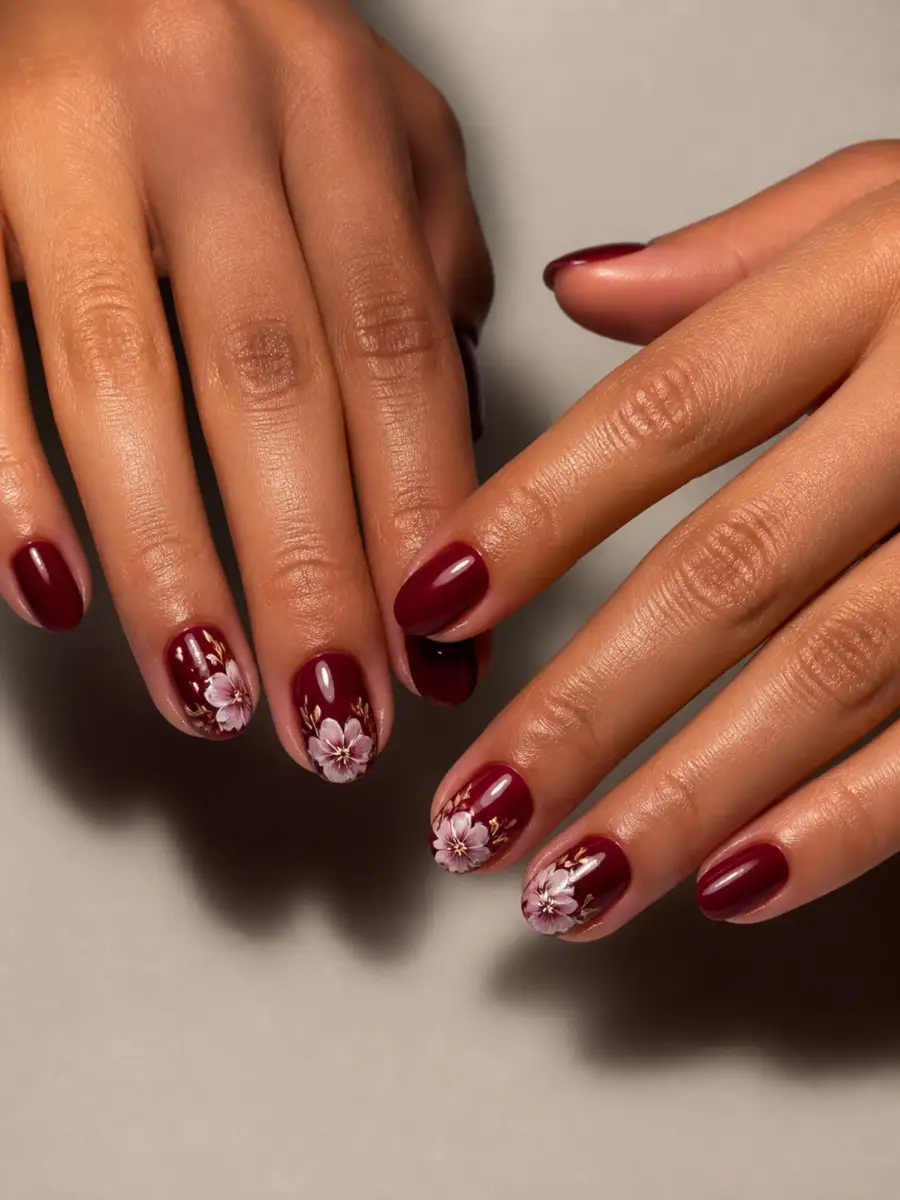 Burgundy Floral Nails: burgundy, burgundy floral