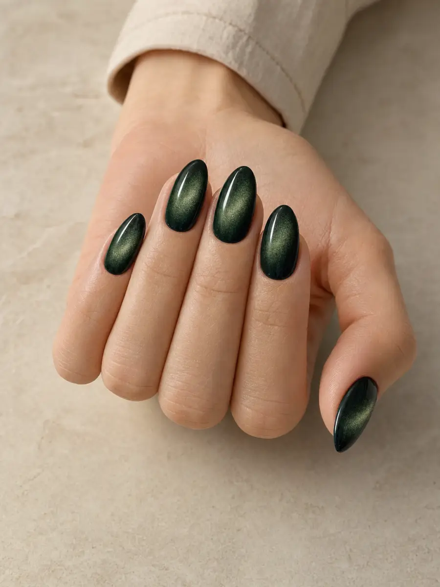 Emerald Velvet Cat Eye Nails: medium almond, deep emerald magnetic velvet glow, glossy finish