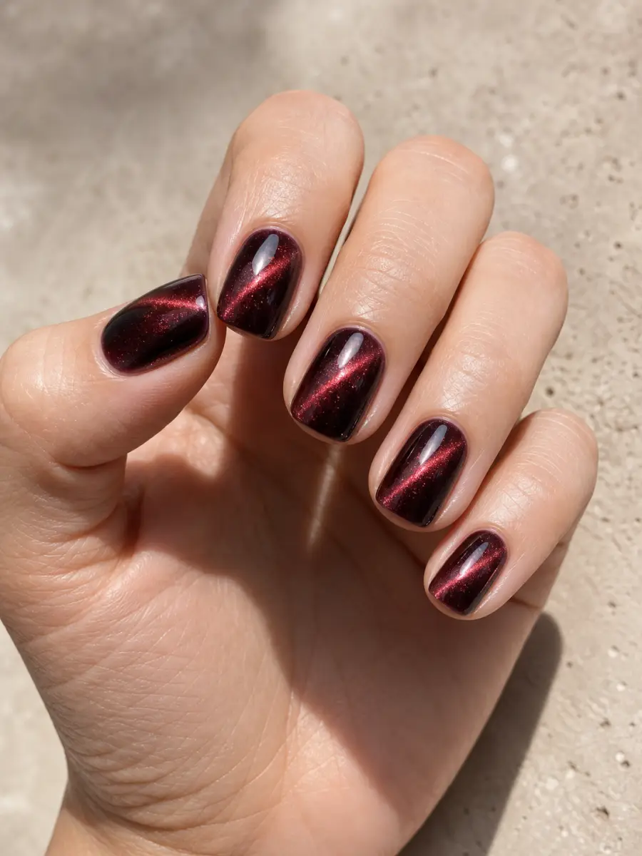 Burgundy Diagonal Cat Eye Nails: short squoval, wine red base, sharp ruby magnetic beam