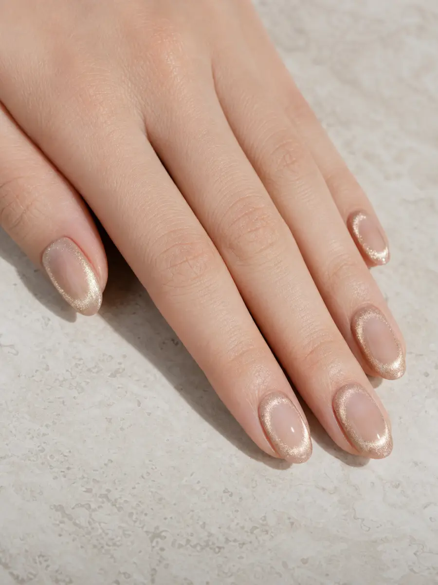 Champagne Halo Cat Eye Nails: medium oval, nude champagne magnetic halo, translucent centre