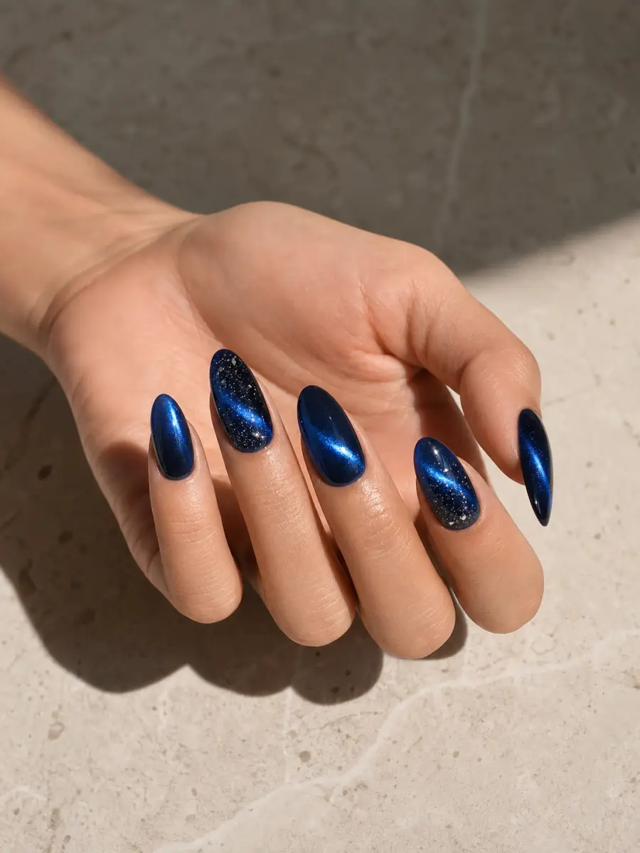Midnight Galaxy Cat Eye Nails: long almond, navy magnetic ribbons, subtle silver galaxy accents