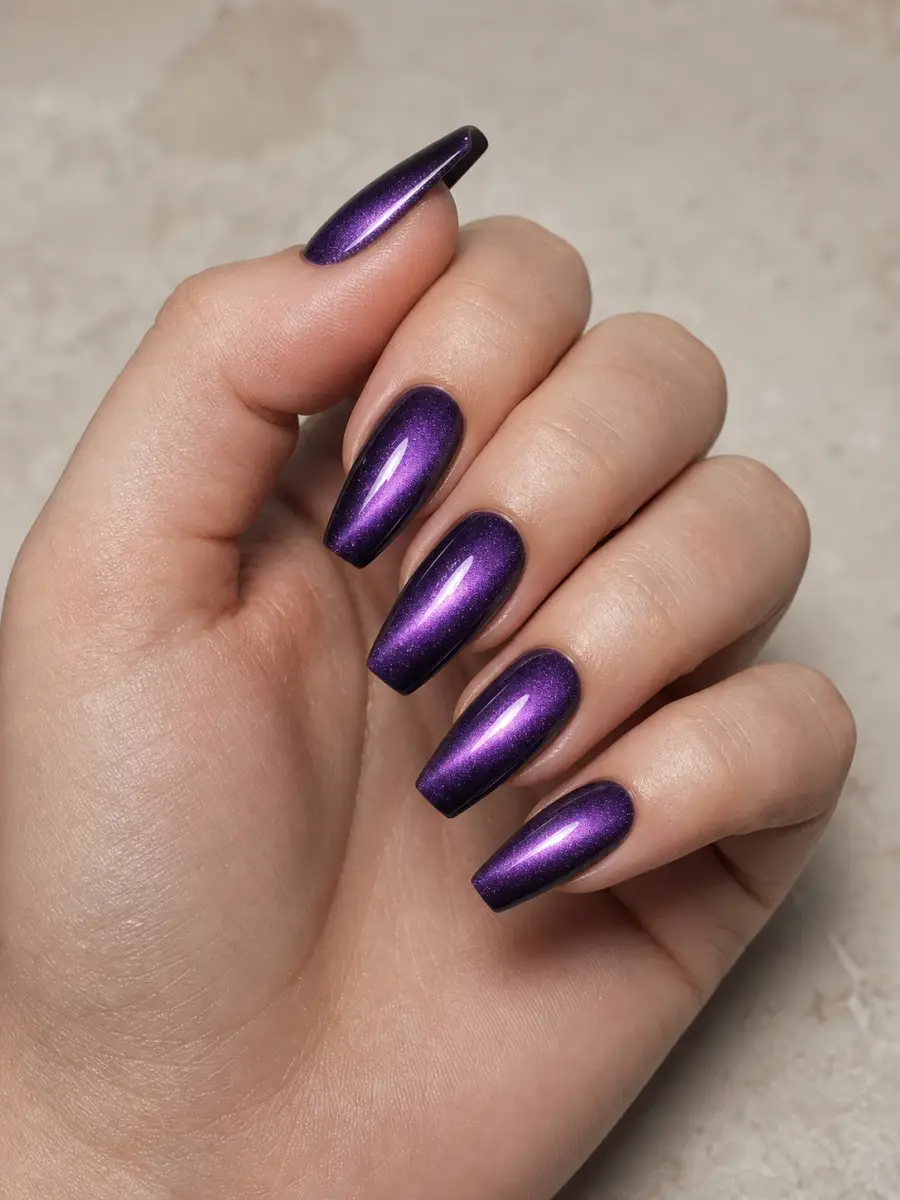 Amethyst Aura Cat Eye Nails: medium coffin, violet magnetic aura with dark purple edges