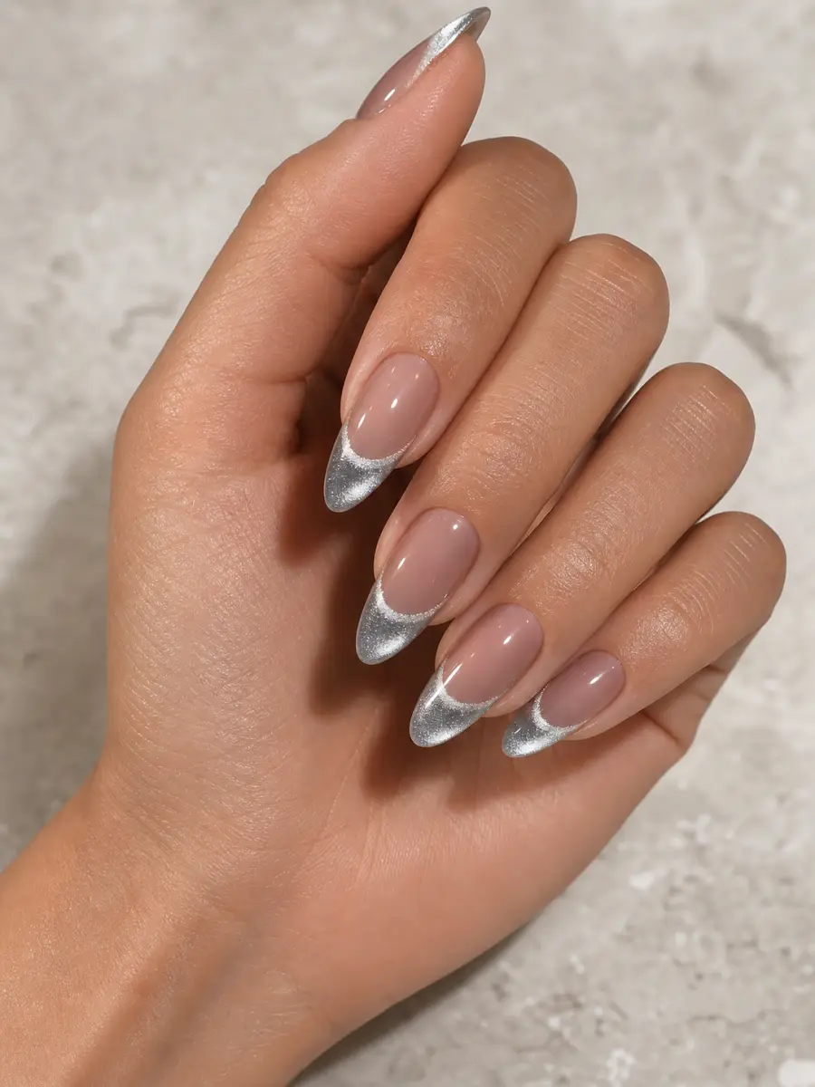 Silver Cat Eye French Nails: long almond, smoky nude base, magnetic silver French tips