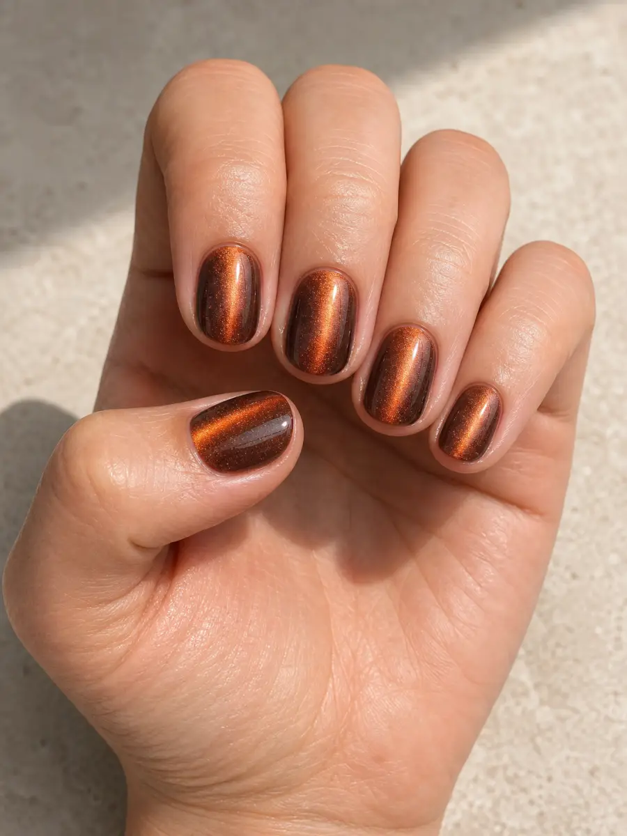 Copper Sunset Cat Eye Nails: short round, copper magnetic gradient over deep brown