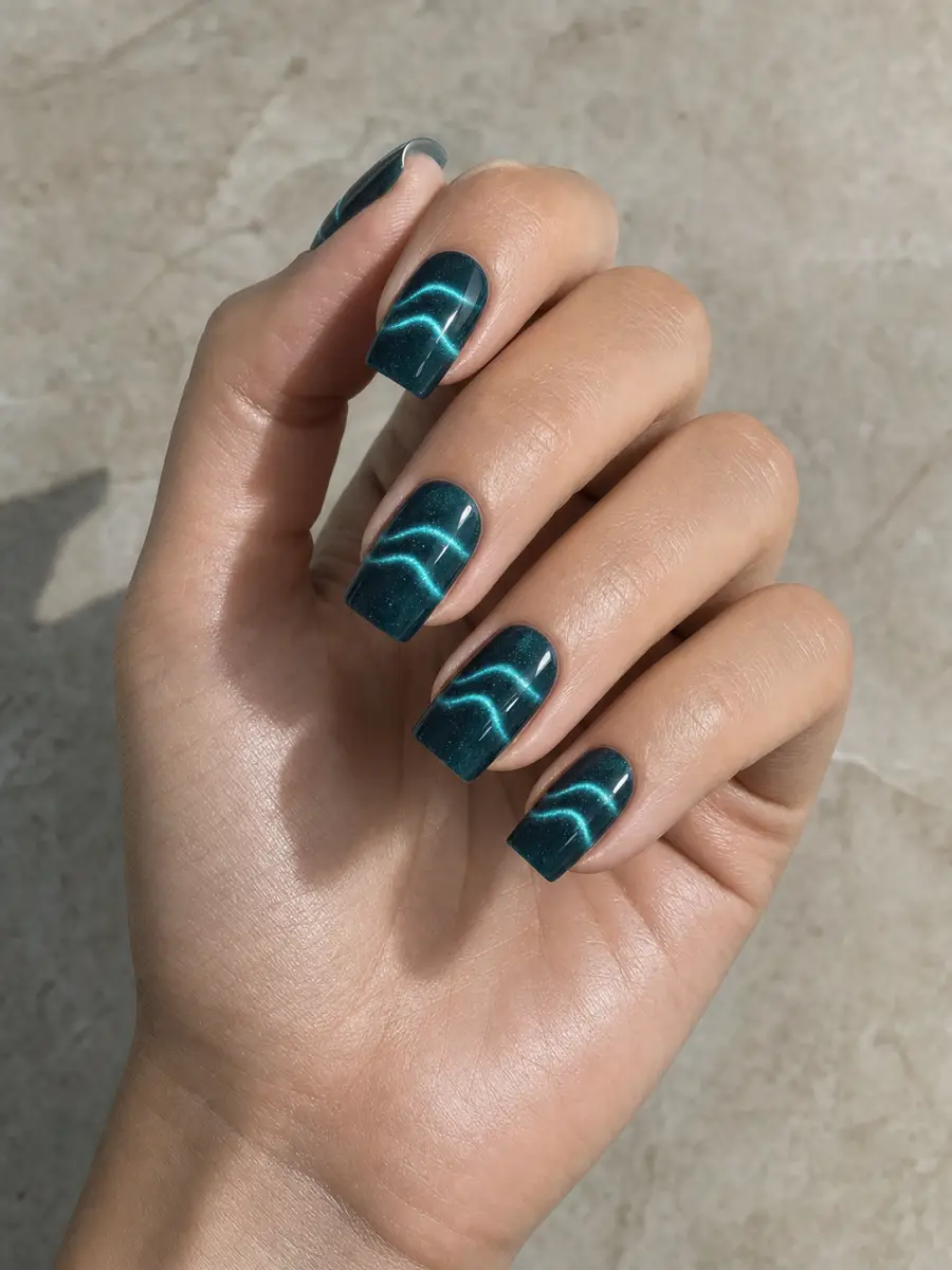 Teal Wave Cat Eye Nails: medium square, dark teal base with curved turquoise magnetic waves