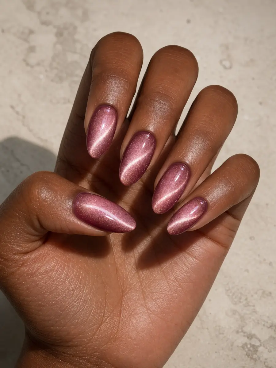 Rose Velvet Cat Eye Nails: medium almond, blush rose magnetic velvet with berry edges