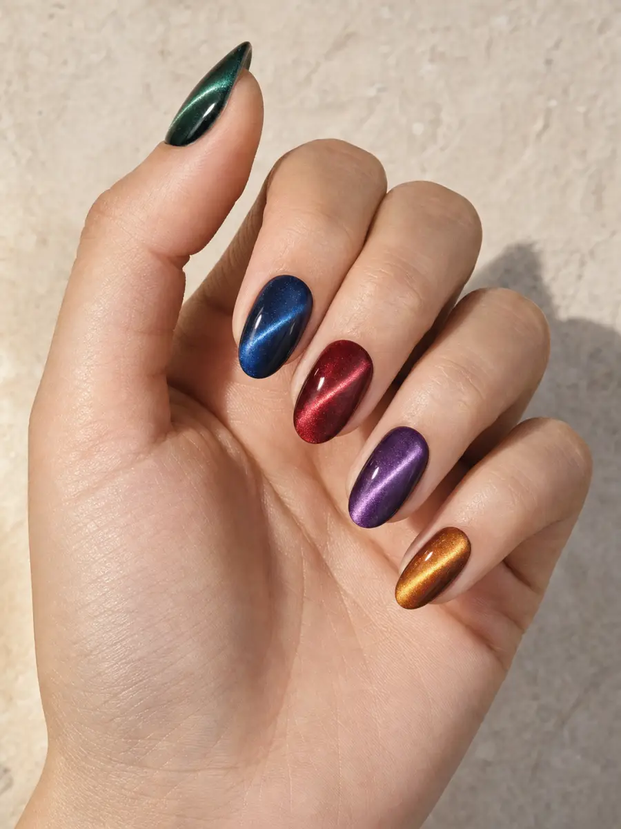 Jewel Tone Cat Eye Nails: medium oval, five coordinated jewel colours with diagonal magnetic beams