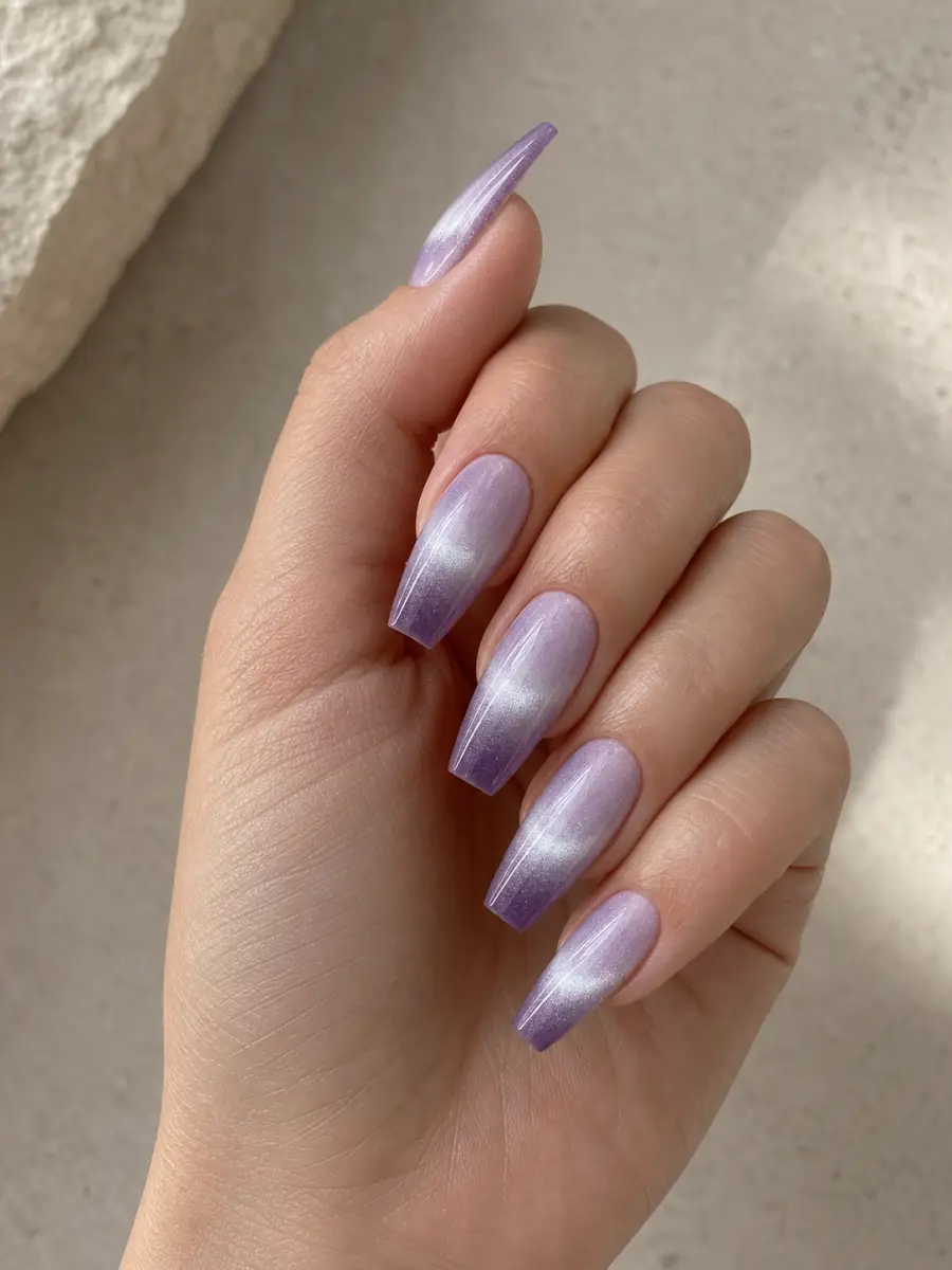 Icy Lilac Cat Eye Ombre Nails: long coffin, lilac to smoky violet fade with suspended magnetic light