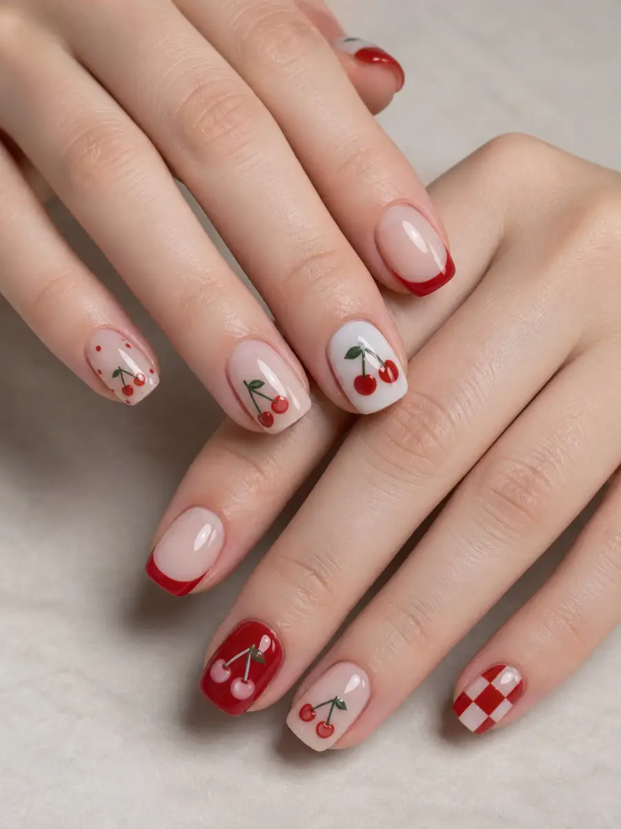Tiny Cherry Short Nails: short square, cherry motif on milky base, tiny cherry short