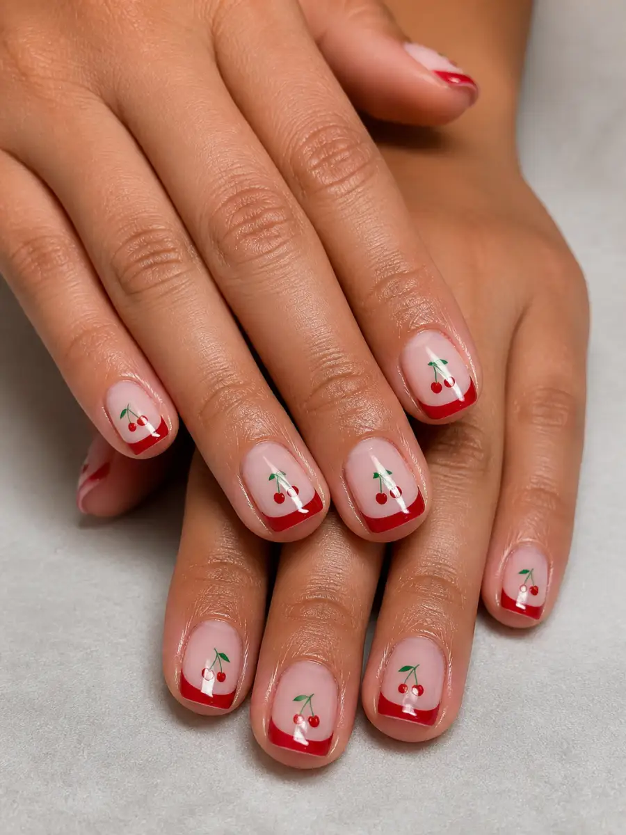 Cherry French Tips: short square, cherry motif on milky base, cherry french tips