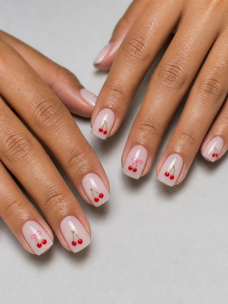 Milky Cherry Nails: short square, cherry motif on milky base, milky cherry