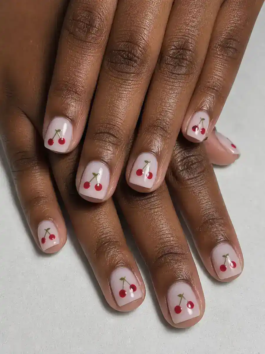 Red Cherry Almond Nails: short square, cherry motif on milky base, red cherry almond