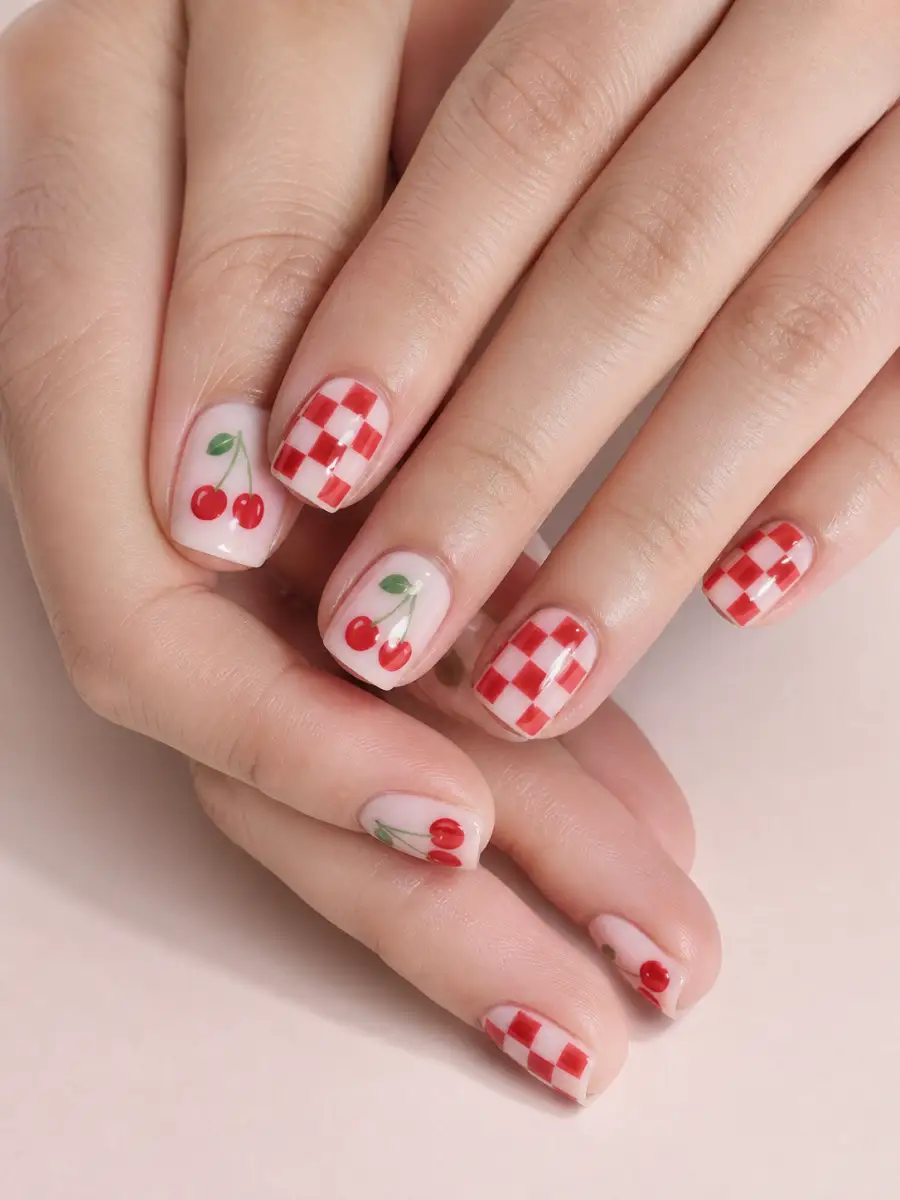 Cherry Checker Nails: short square, cherry motif on milky base, cherry checker