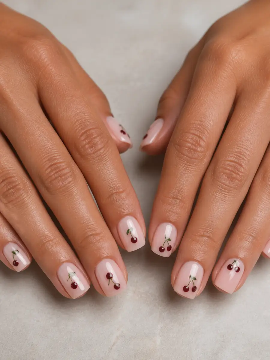 Black Cherry Nails: short square, cherry motif on milky base, black cherry