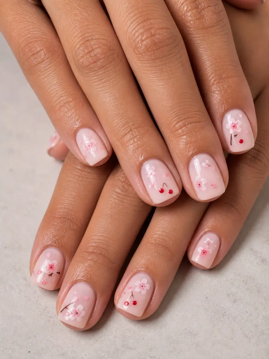 Cherry Blossom Mix Nails: short square, cherry motif on milky base, cherry blossom mix