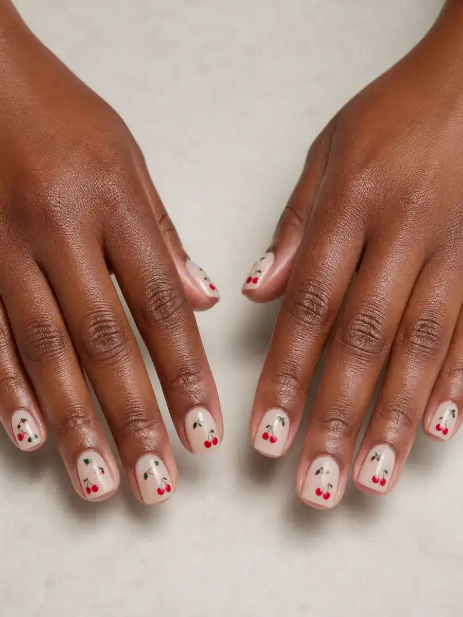 Picnic Cherry Nails: short square, cherry motif on milky base, picnic cherry