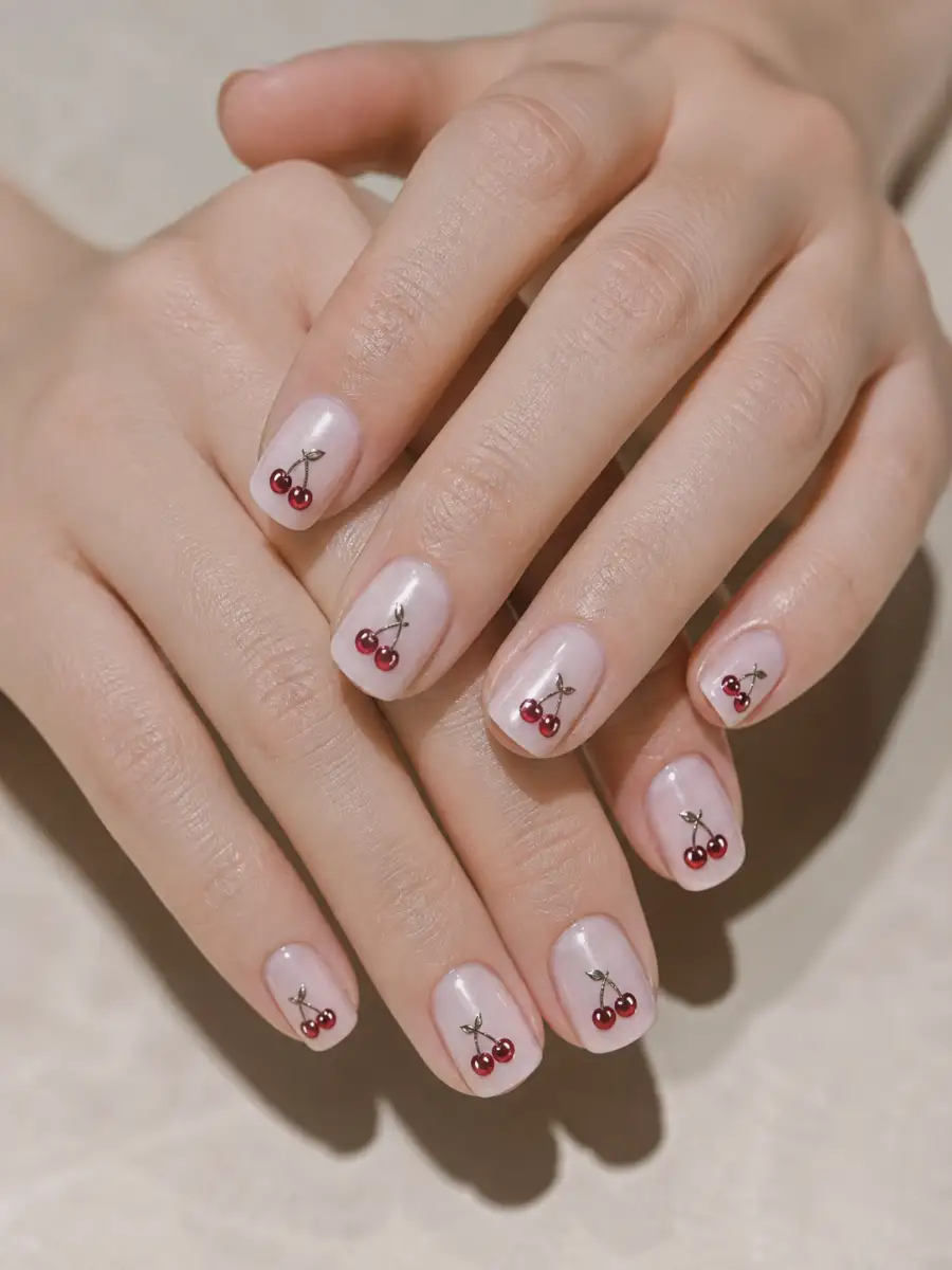 Chrome Cherry Accent Nails: short square, cherry motif on milky base, chrome cherry accent
