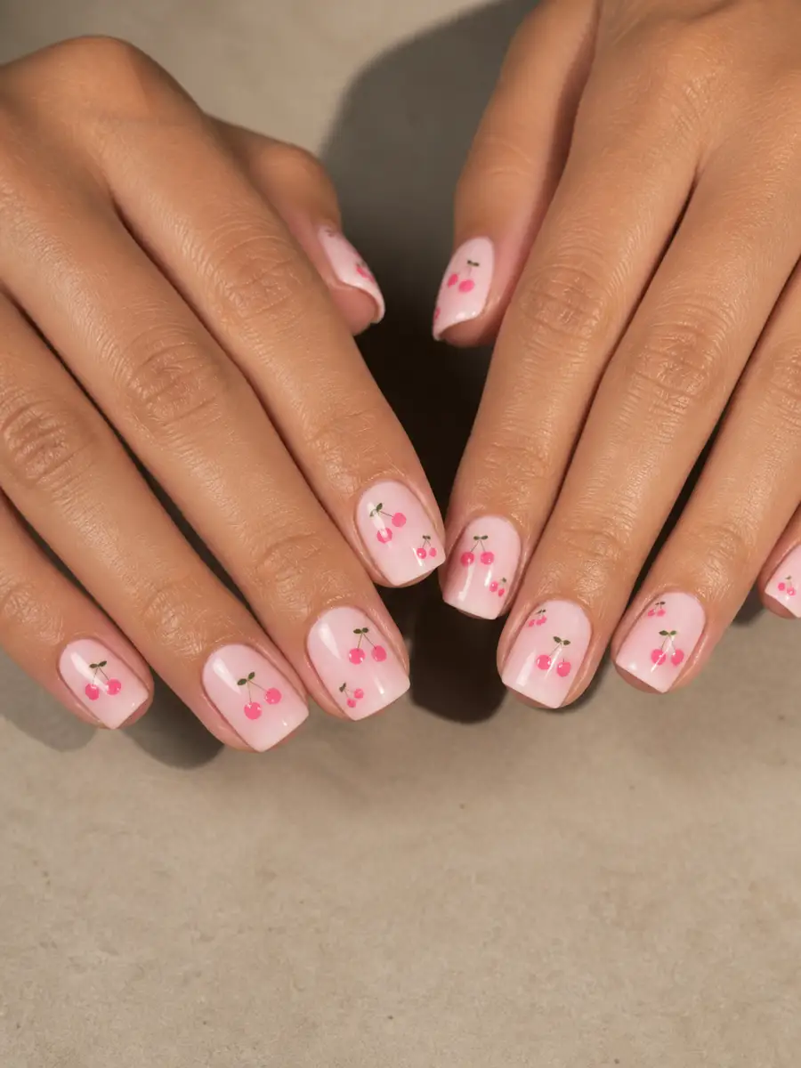 Pink Cherry Nails: short square, cherry motif on milky base, pink cherry