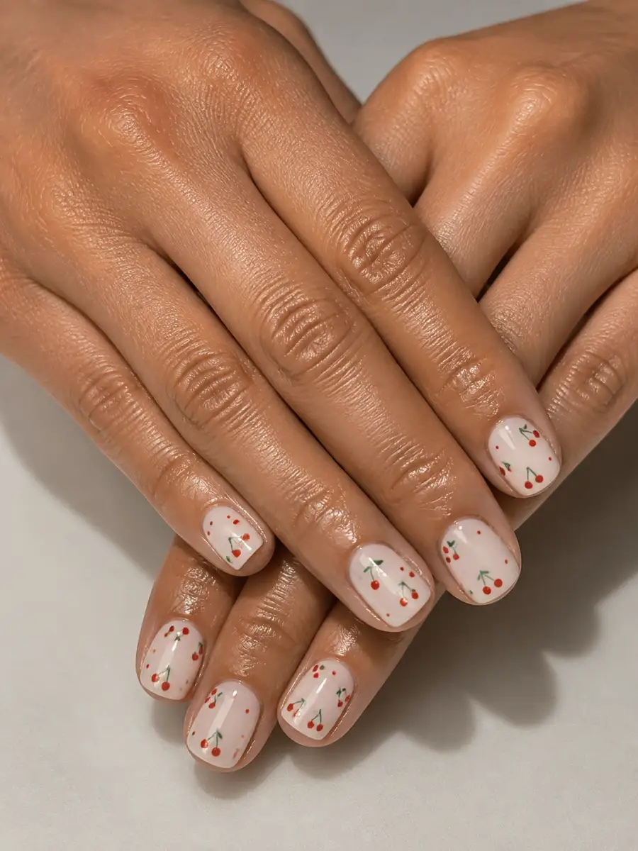 Cherry Dot Nails: short square, cherry motif on milky base, cherry dot