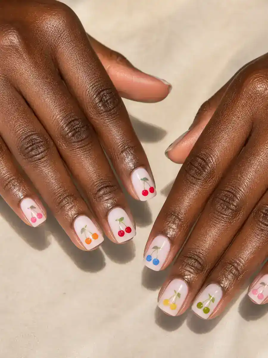 Colourful Cherry Mix Nails: short square, cherry motif on milky base, colourful cherry mix