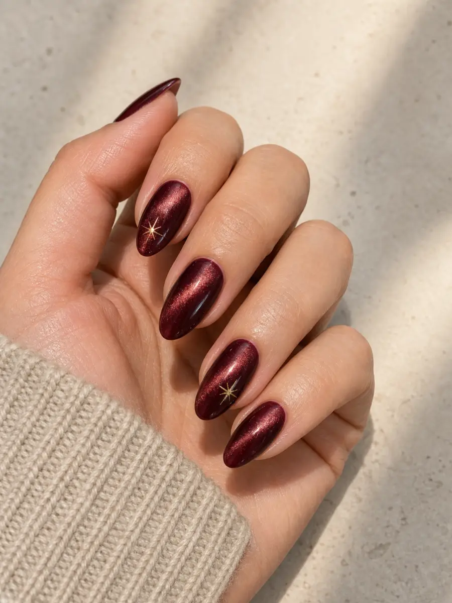 Red Velvet Christmas Nails: almond, magnetic red velvet with tiny gold stars