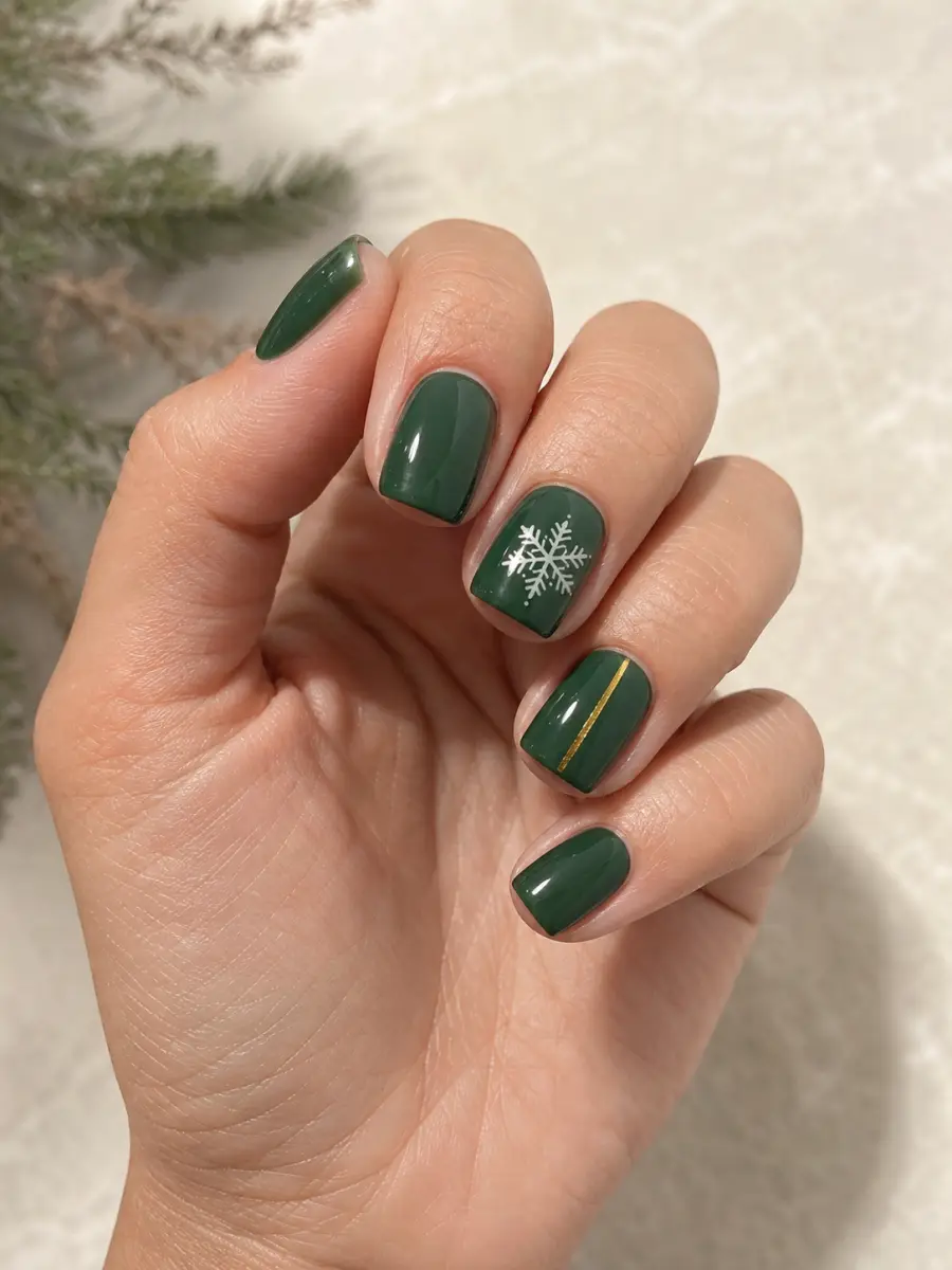 Green Snowflake Christmas Nails: short squoval, forest green with white snowflake