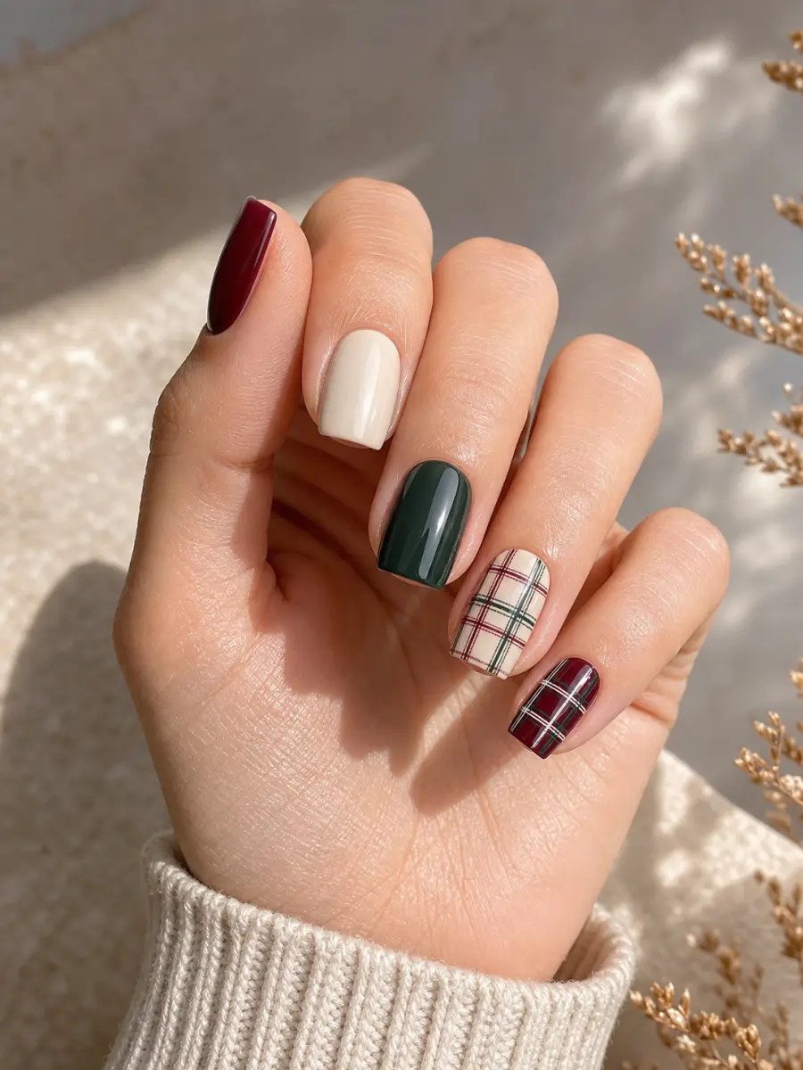Christmas Plaid Nails: square, burgundy cream and green tartan accents
