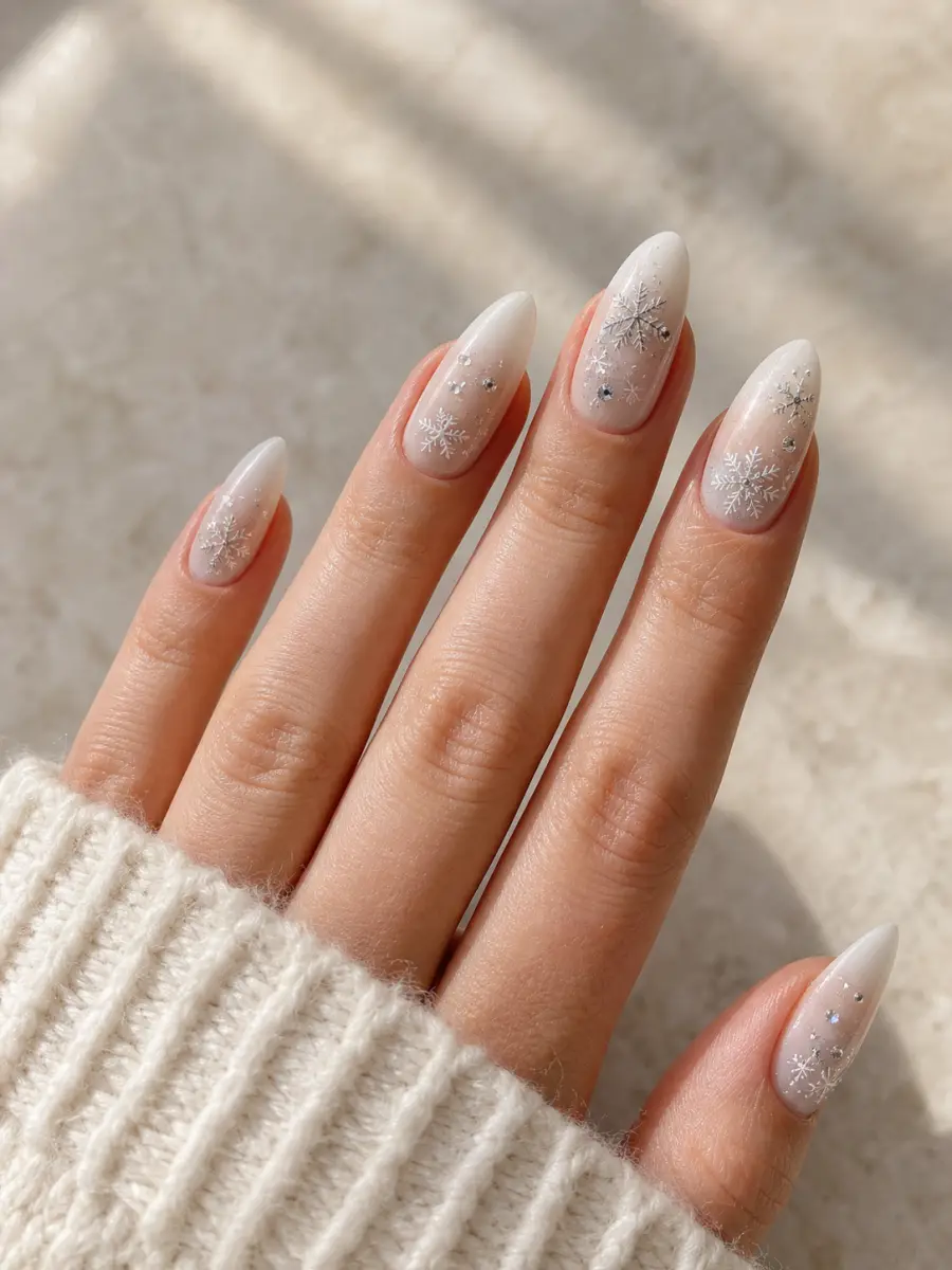 Frosted White Christmas Nails: long almond, icy white ombre and silver snowflakes