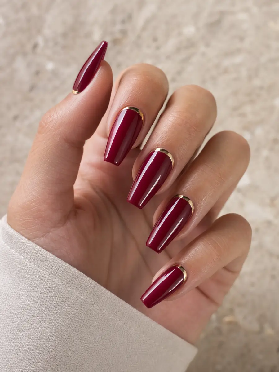 Red and Gold Christmas Nails: ruby red with fine gold half moon accents