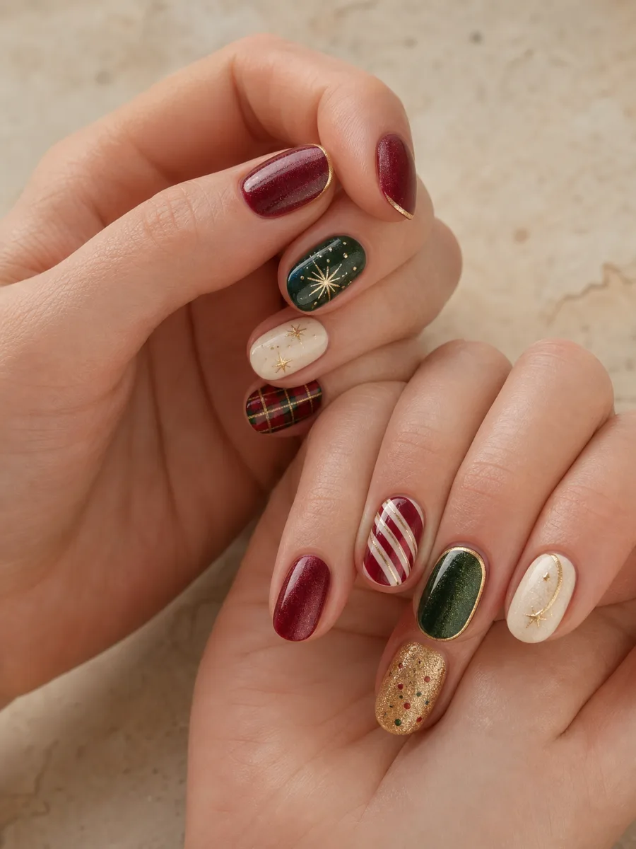 Heritage Christmas Mix and Match Nails: two hands, short oval, cranberry, pine, cream and antique gold with tartan, stars and fine stripes