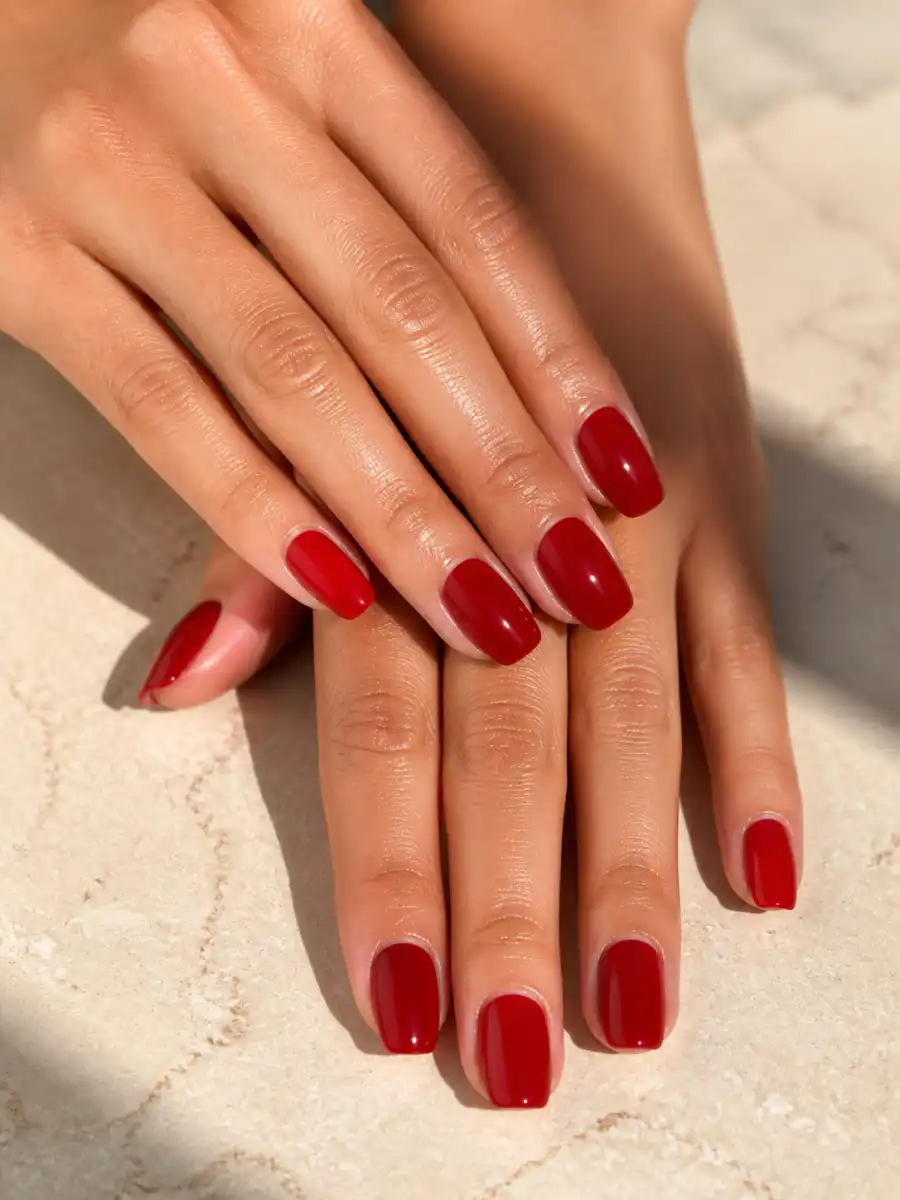 Glossy Christmas Nails: red, glossy top coat