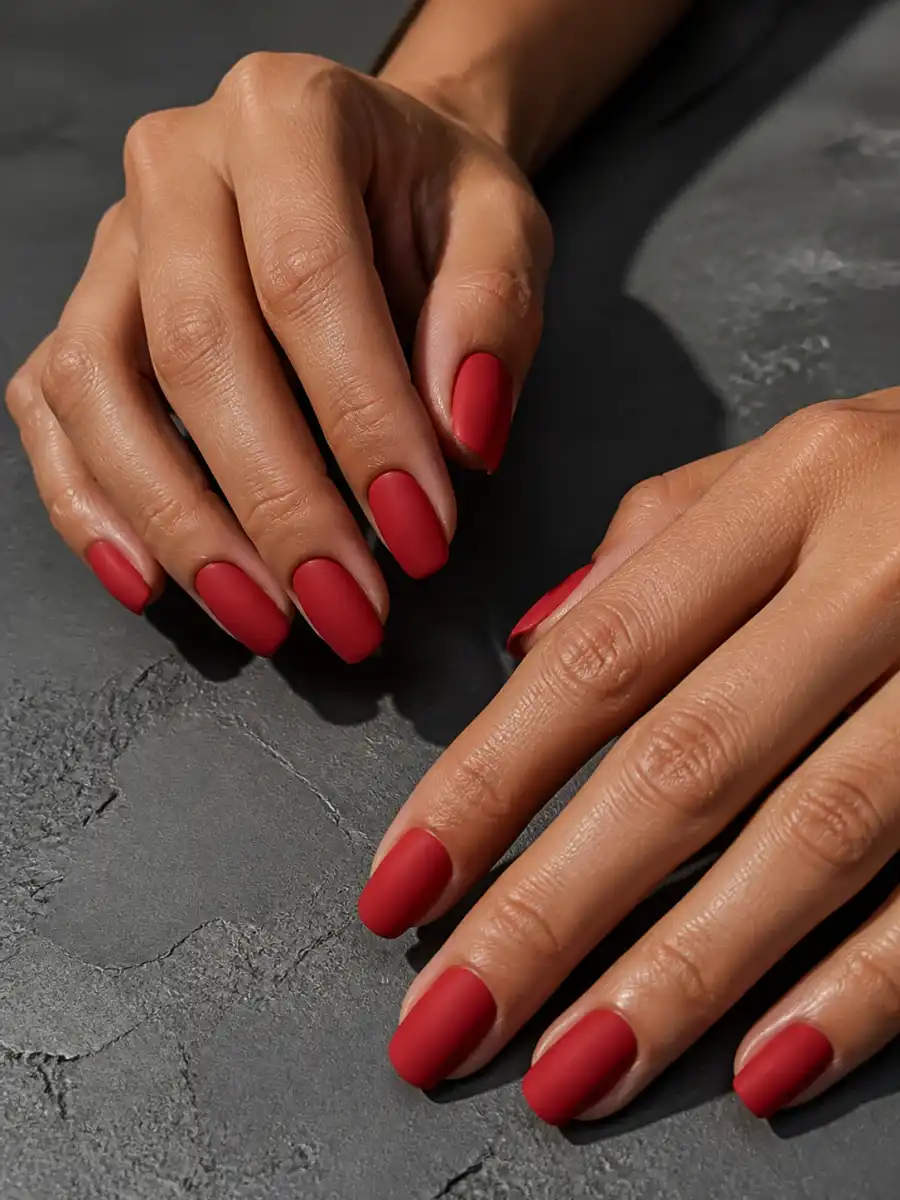 Matte Christmas Nails: red, matte top coat