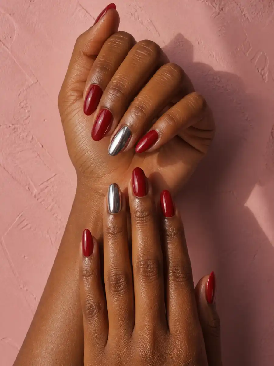 Chrome Accent Christmas Nails: red, one chrome accent nail