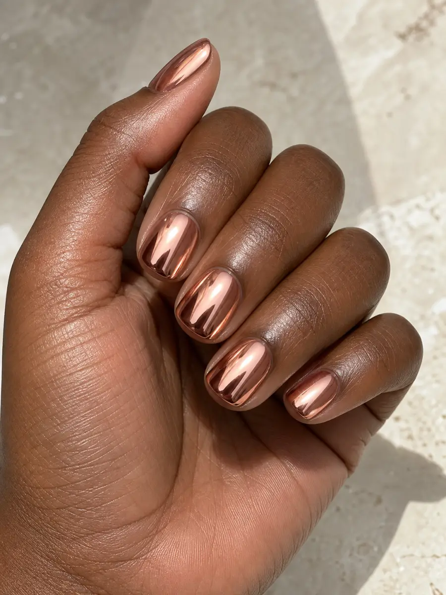 Rose Gold Chrome Nails: short squoval, rose gold mirror chrome