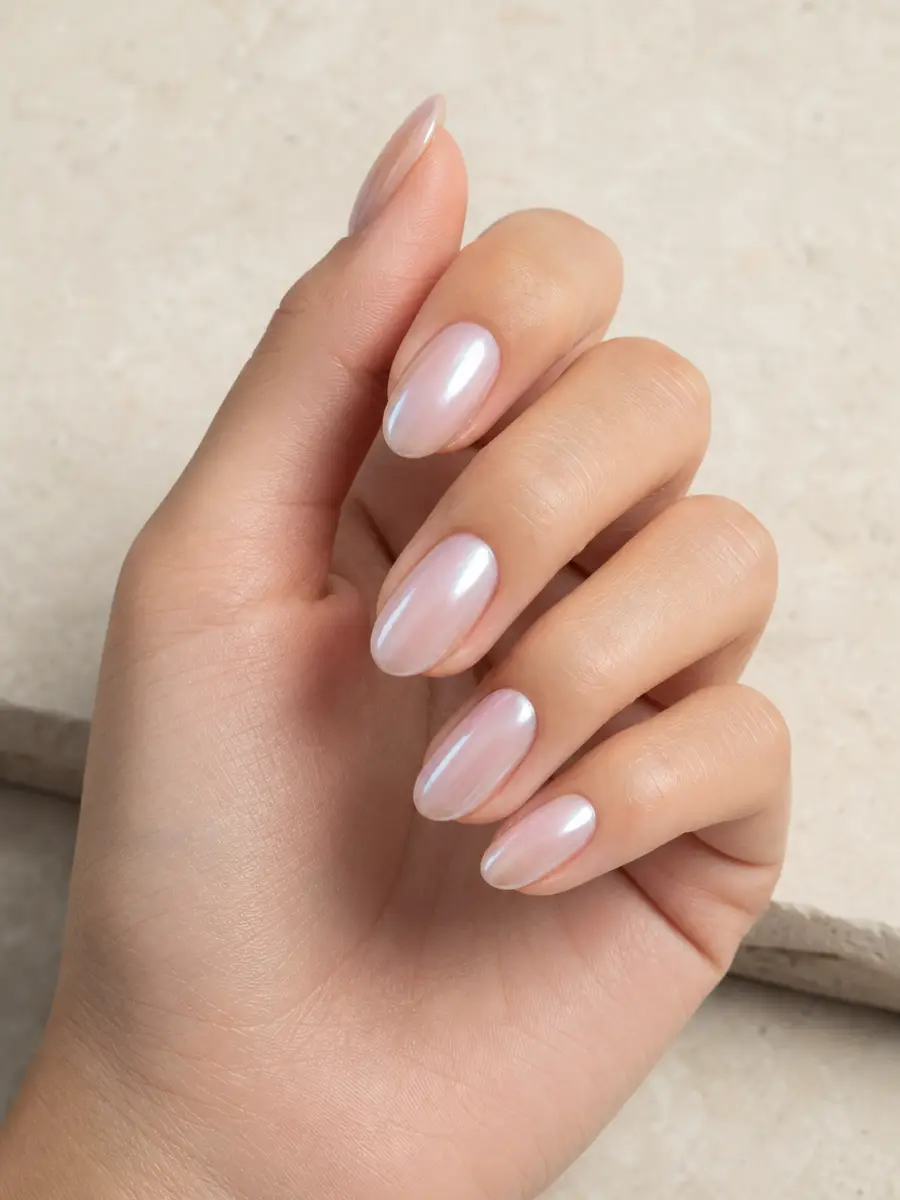 Pearl Chrome Nails: medium oval, milky nude with pearl chrome
