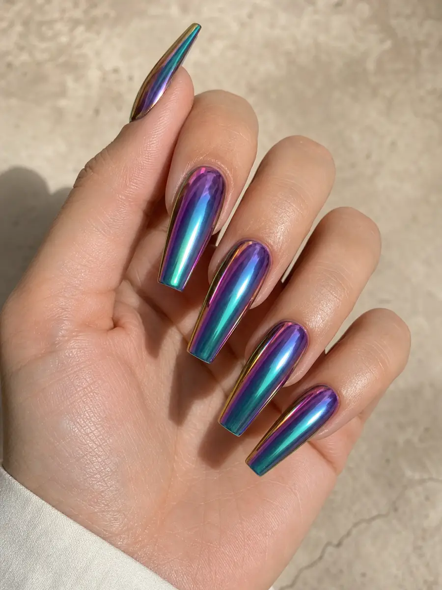 Rainbow Chrome Nails: long coffin, oil slick rainbow mirror chrome