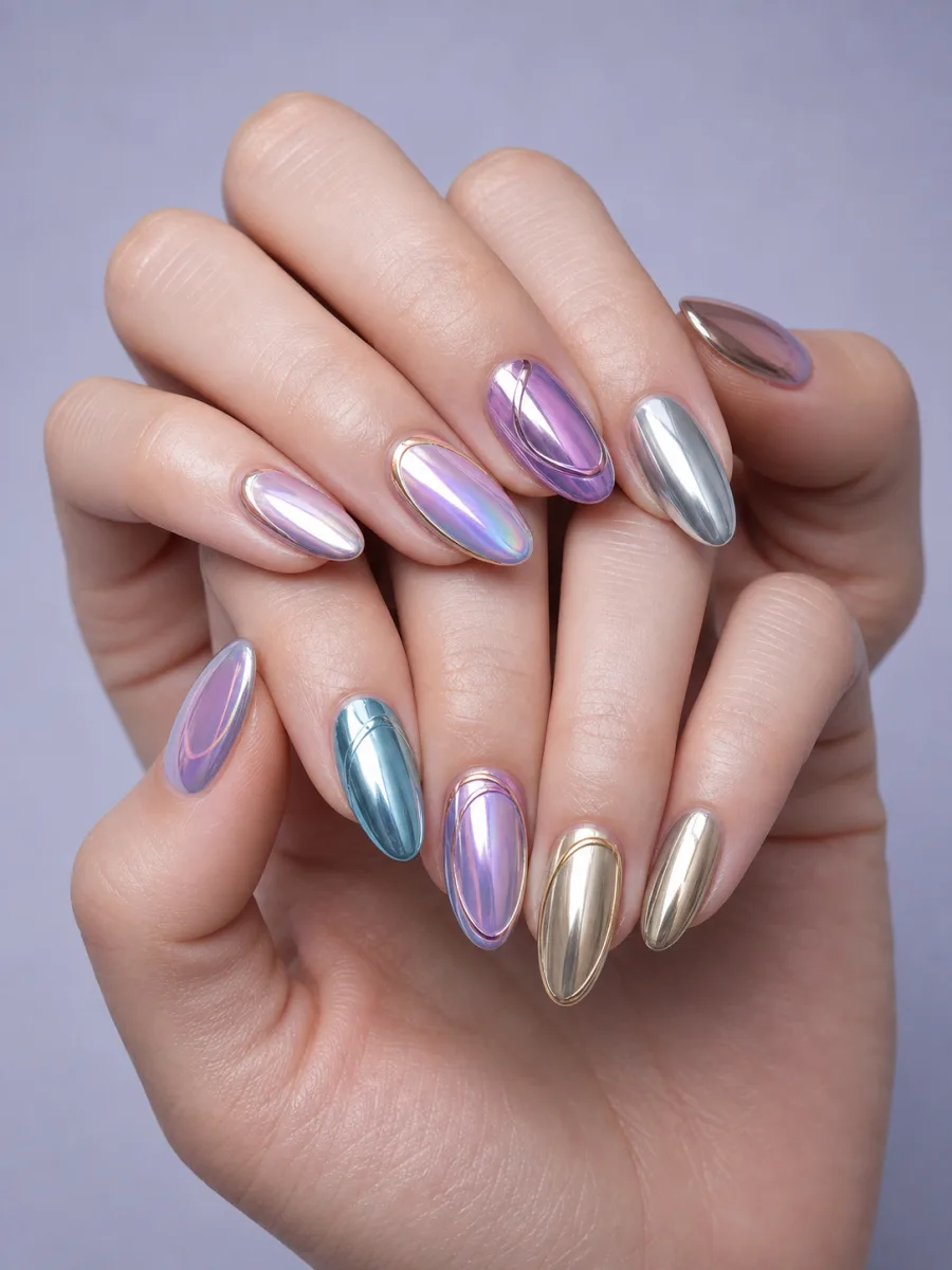 Prism Chrome Mix and Match Nails: two hands, medium almond, silver, lilac, aqua and pale gold mirror chrome with fine metallic waves