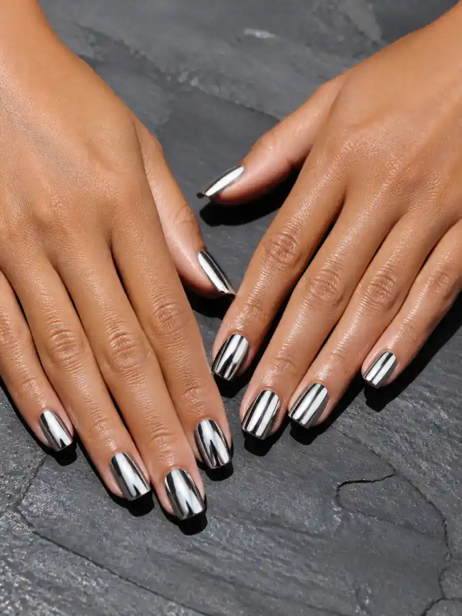 Glossy Chrome Nails: chrome, glossy top coat